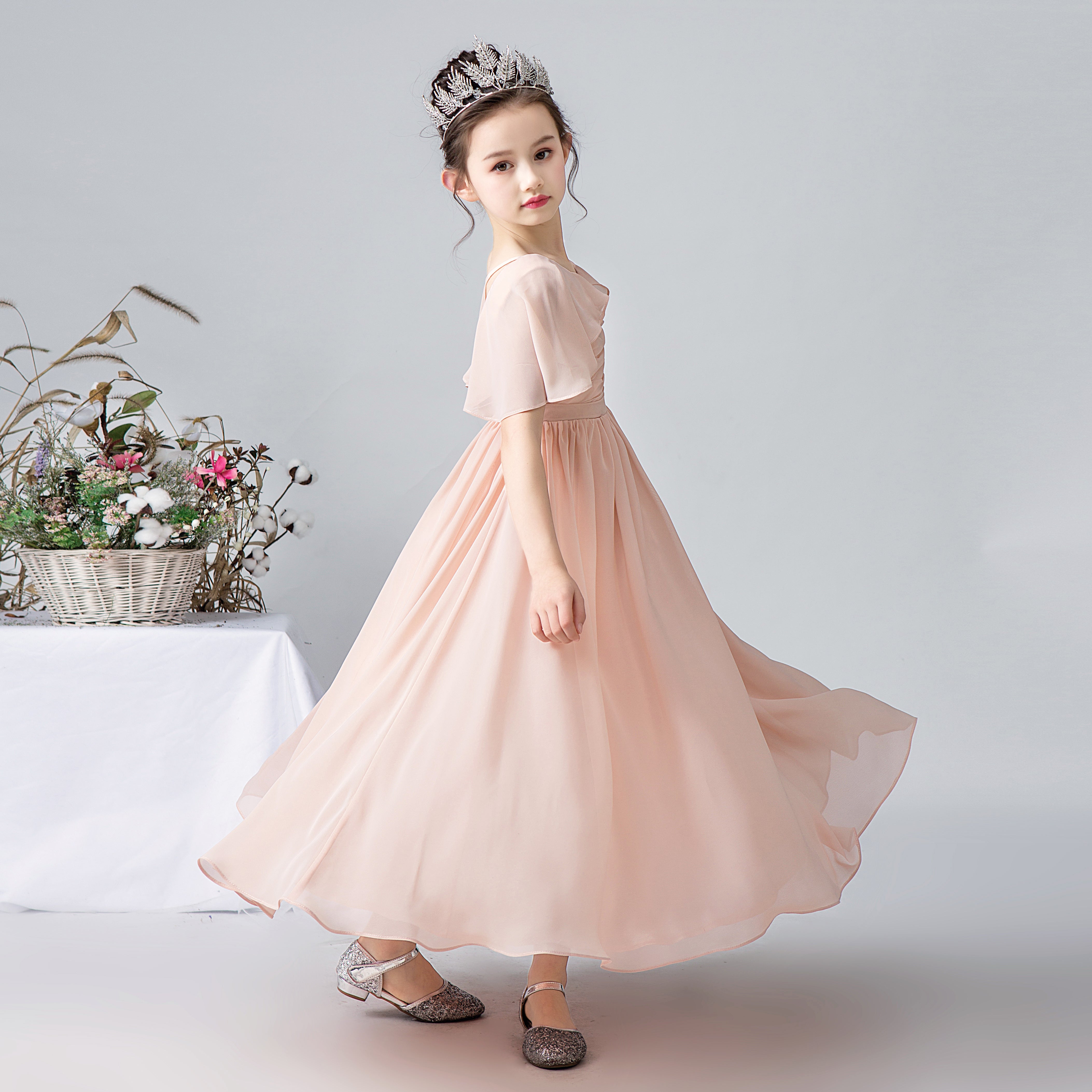 Dideyttawl Cape Sleeves Chiffon Junior Bridesmaid Dress for Wedding Secondary image