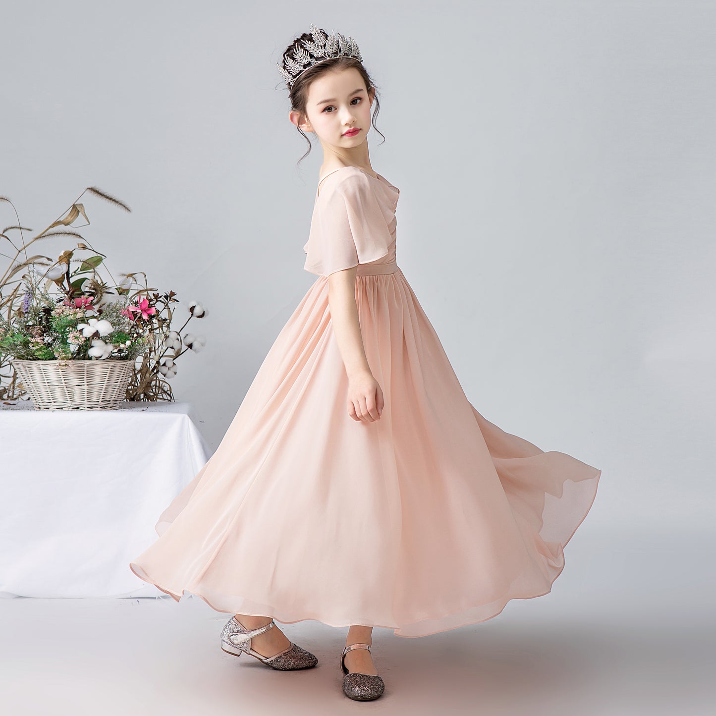 Chiffon Flower Girls Dress Cap Sleeves Junior Bridesmaid Dress for Girls 4-16 Special Occasion Dress for Wedding