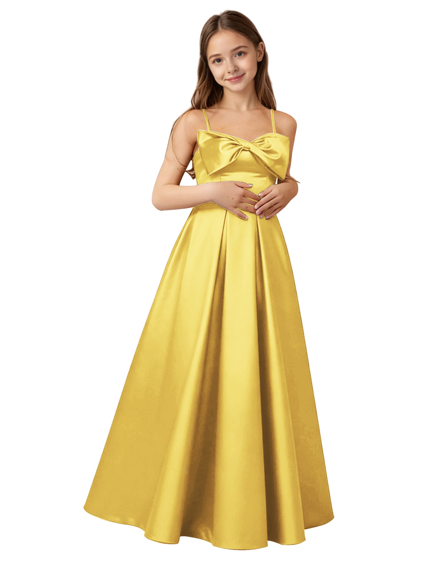 dideyttawl 2026 Girls Satin Prom Ball Gown with Big Bow Maxi Spaghetti Straps Junior Bridesmaid Flower Girl Dress 2548