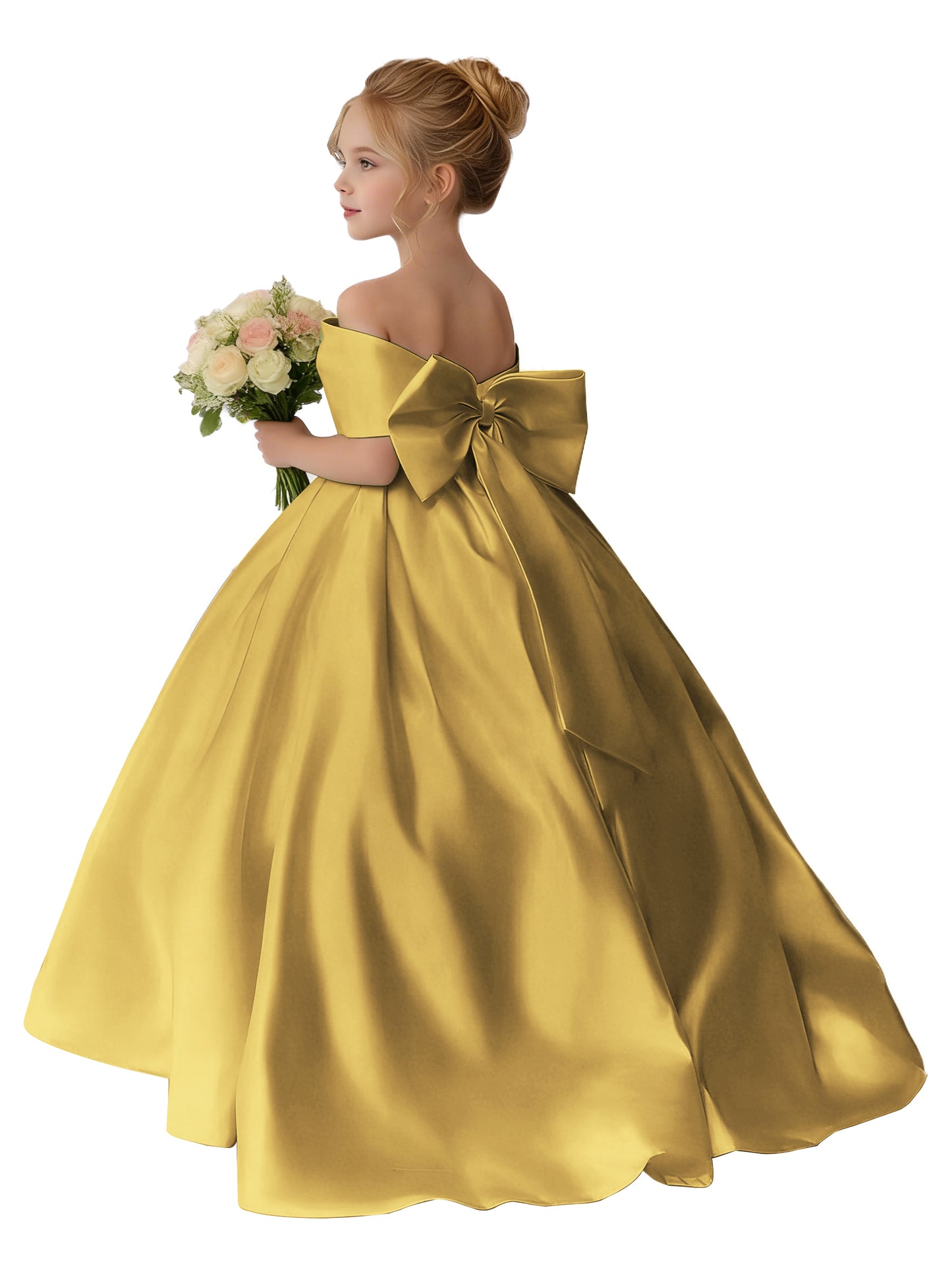Dideyttawl Satin Flower Girl Dress A Line Off Shoulder Formal Ball Gown Bow Back