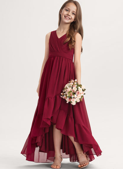 dideyttawl A-Line High Low Flower Girls Dress Long V-Neck Junior Bridesmaid Dresses for Teens Pleated Chiffon 2511