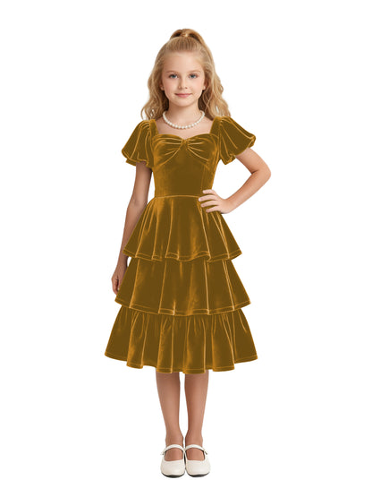 dideyttawl Girls Pleated Velvet Knee Length Junior Bridesmaid Dress with Short Lantern Sleeves 2543