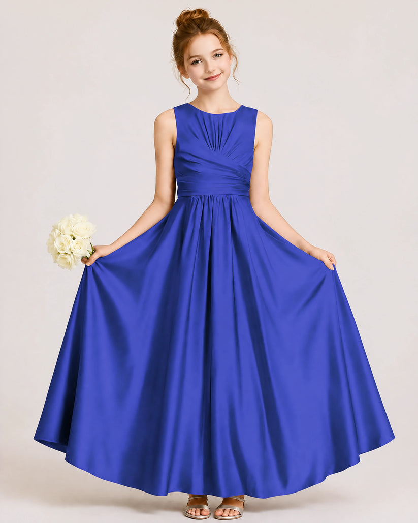 Royal Blue Satin A-line Junior Bridesmaid Dress Front View