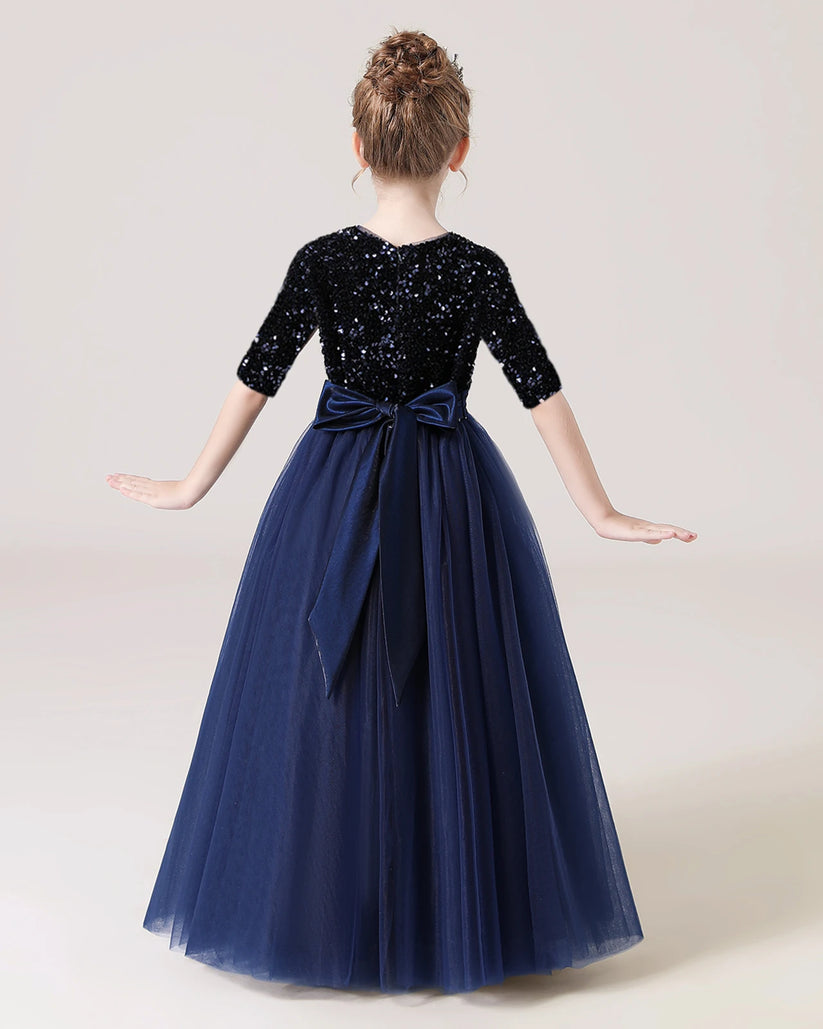 Navy Blue Sequin A-line Flower Girl Dress Back View
