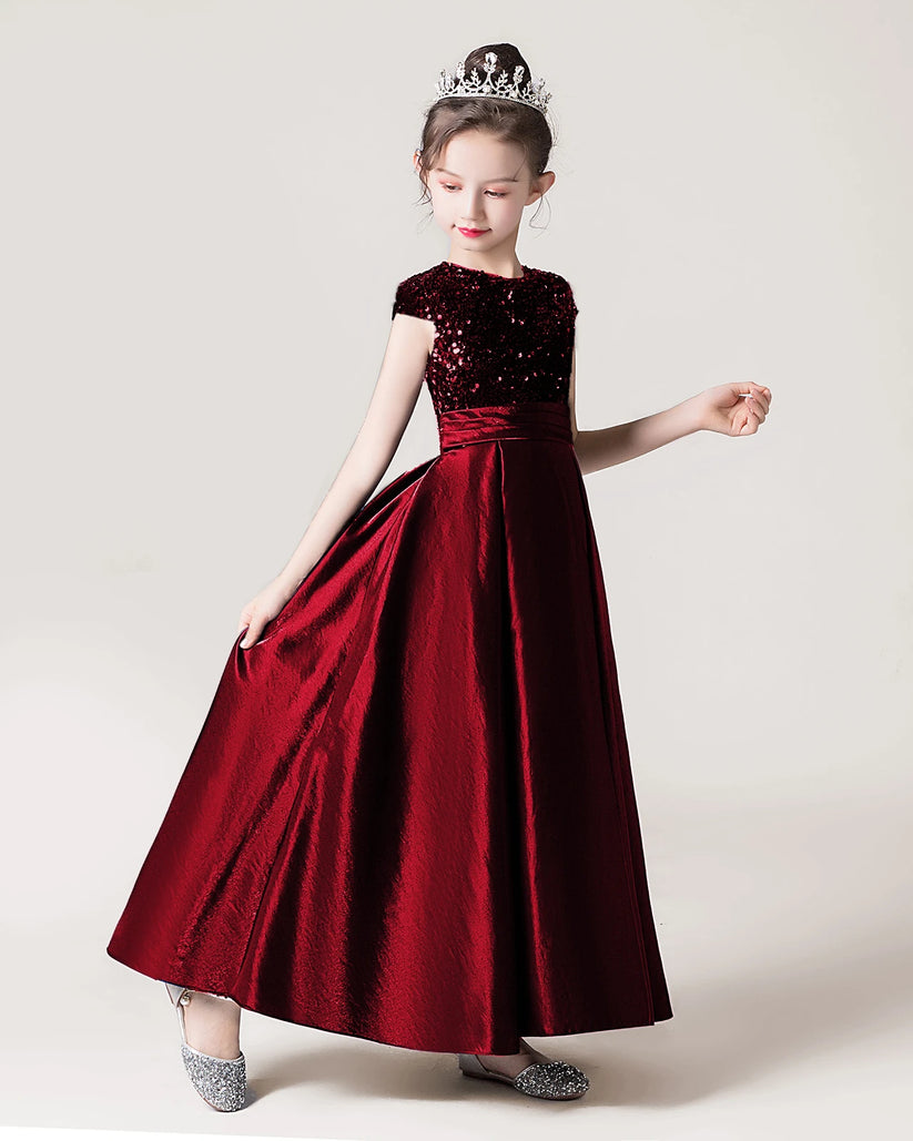 Burgundy Satin A-line Girls Formal Dress Front View