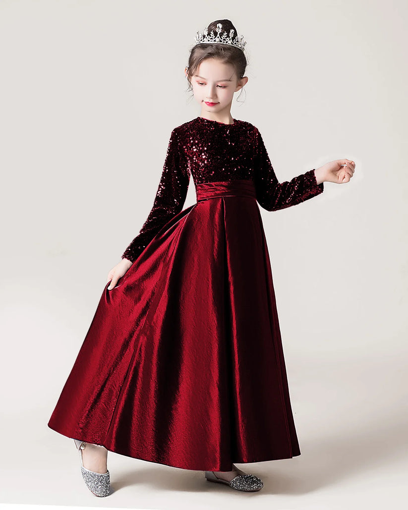 Burgundy Sequin Satin A-line Girls Formal Dress Front View