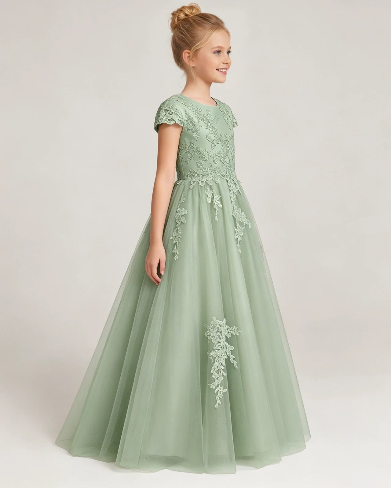 Side Sage Green Lace Flower Girls Dress