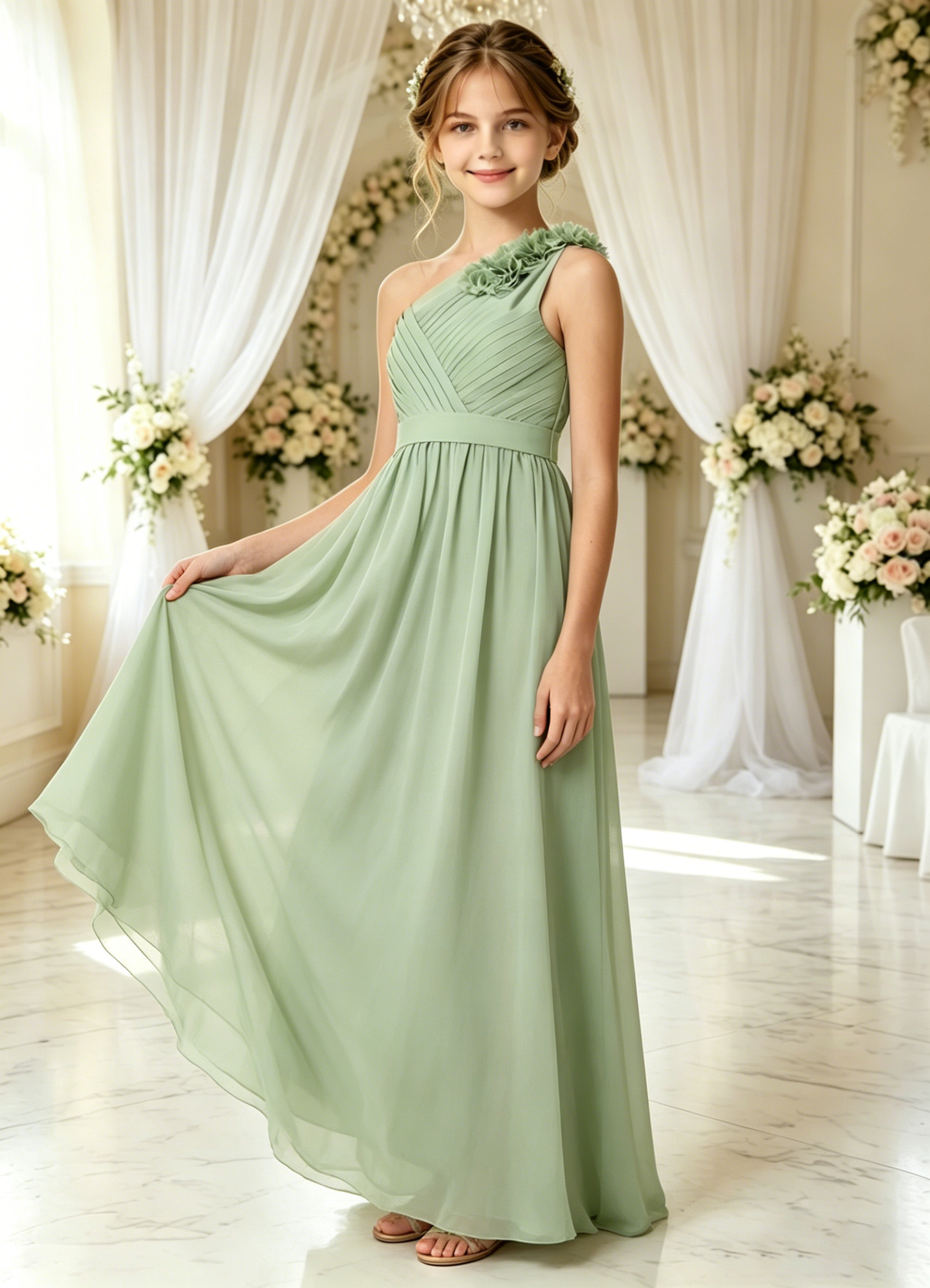 dideyttawl One Shoulder Pleated Junior Bridesmaid Dresses for Wedding A-Line Chiffon 3D Flower Girls Formal Party Dress 2604