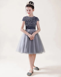 Grey Front Short Sequin Flower Girl Dress