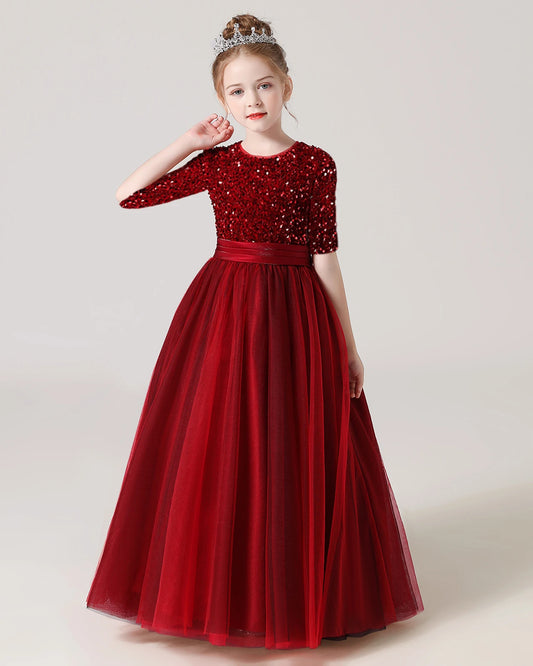 Burgundy Tulle A-line Flower Girl Dress Front View