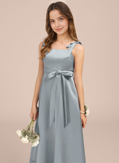 dideyttawl Junior Bridesmaid Dresses for Teens Silk Satin Adjustable Straps Flower Girl Dress with Slit 2529