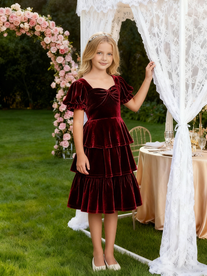 dideyttawl Girls Pleated Velvet Knee Length Junior Bridesmaid Dress with Short Lantern Sleeves 2543