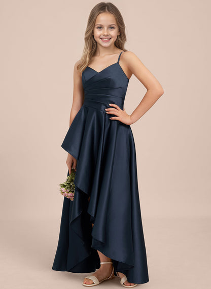 dideyttawl High Low Junior Bridesmaid Dress V-Neck Silk Satin Flower Girl Dress Sleeveless Formal Special Occasion Dress for Wedding 2523