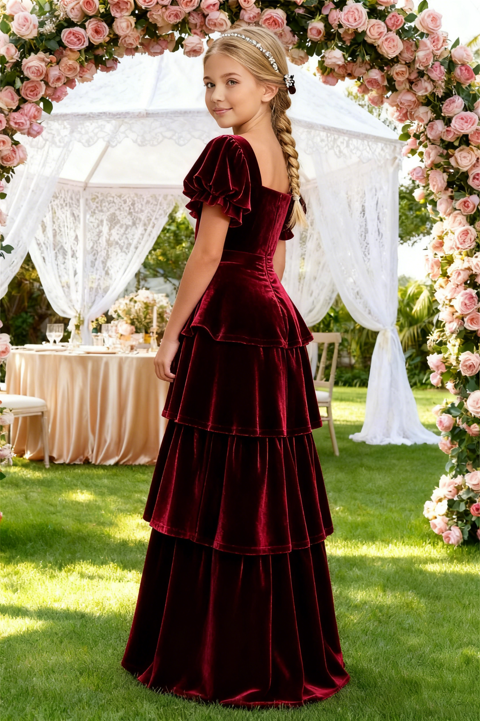Dideyttawl Burgundy Velvet Girls Formal Dress Puff Sleeve Tiered Ruffle Formal Dress