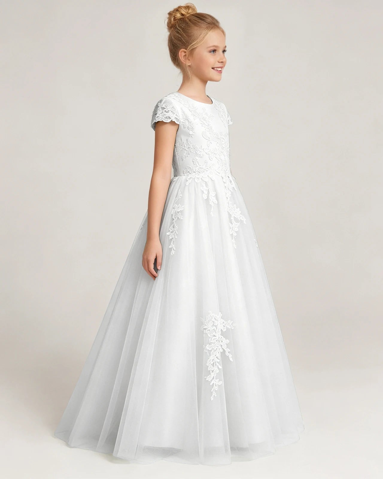 Side White Lace Flower Girls Dress