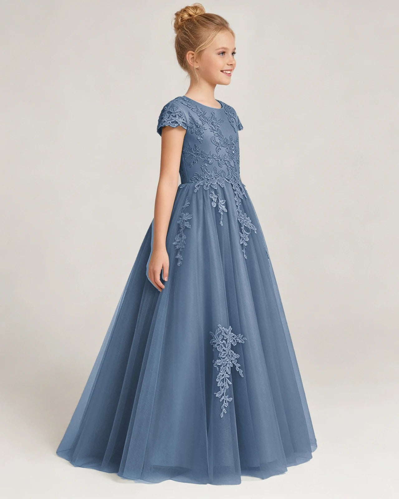 Side Dusty Blue Lace Flower Girls Dress