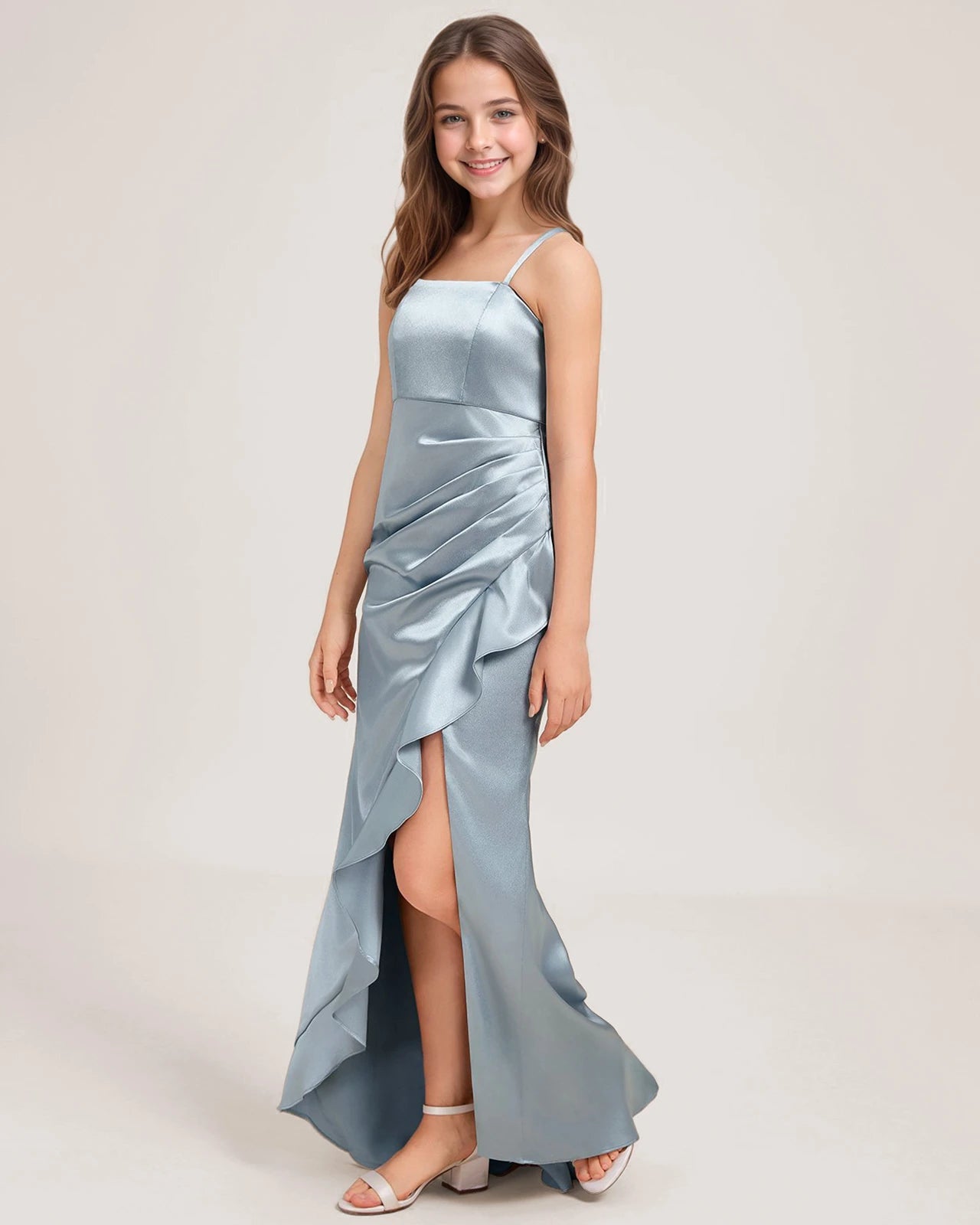 Dideyttawl Junior Bridesmaid Dress with Slit Ruffles Satin  Formal Gowns for Girls