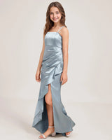 Dusty Blue Satin Sheath Girls Formal Dress Side View
