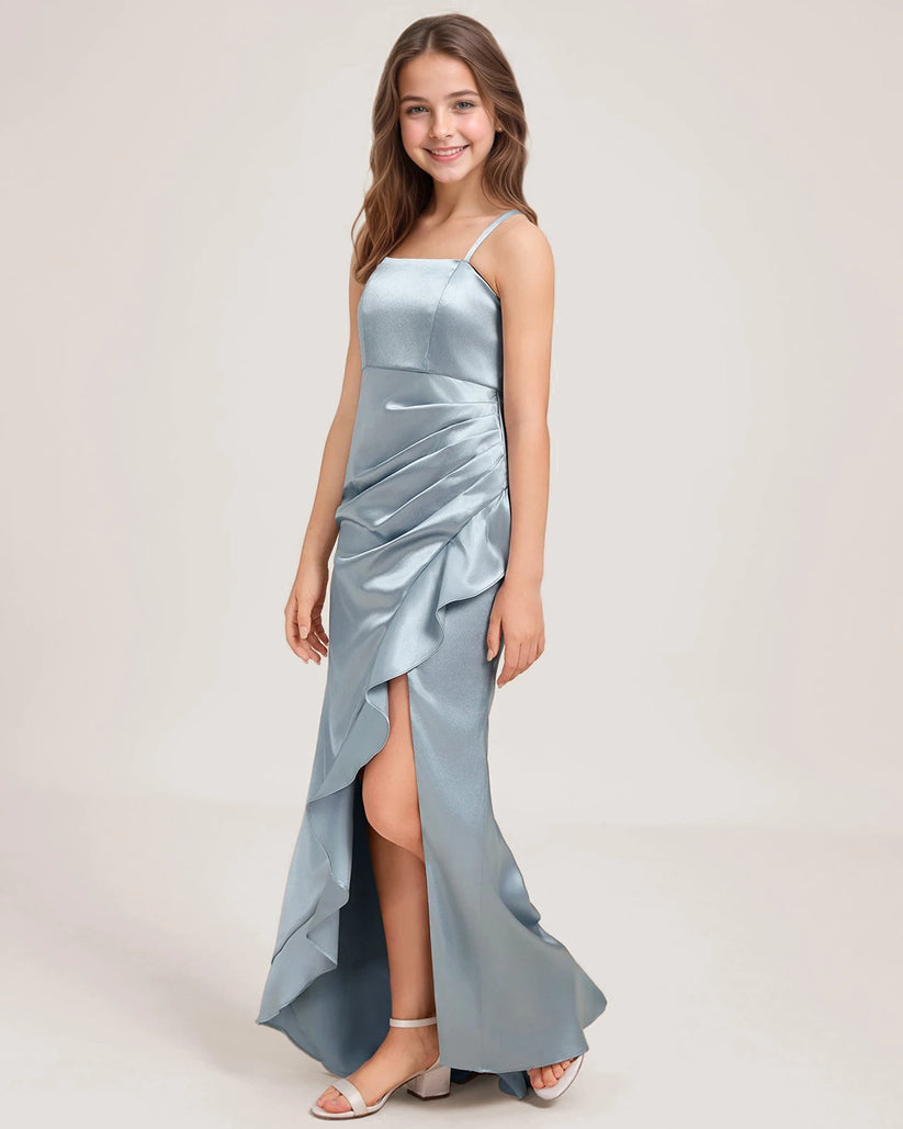 Dusty Blue Satin Sheath Girls Formal Dress Side View