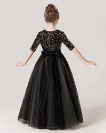 Black Back Sequin Mid Sleeve Flower Girl Dress