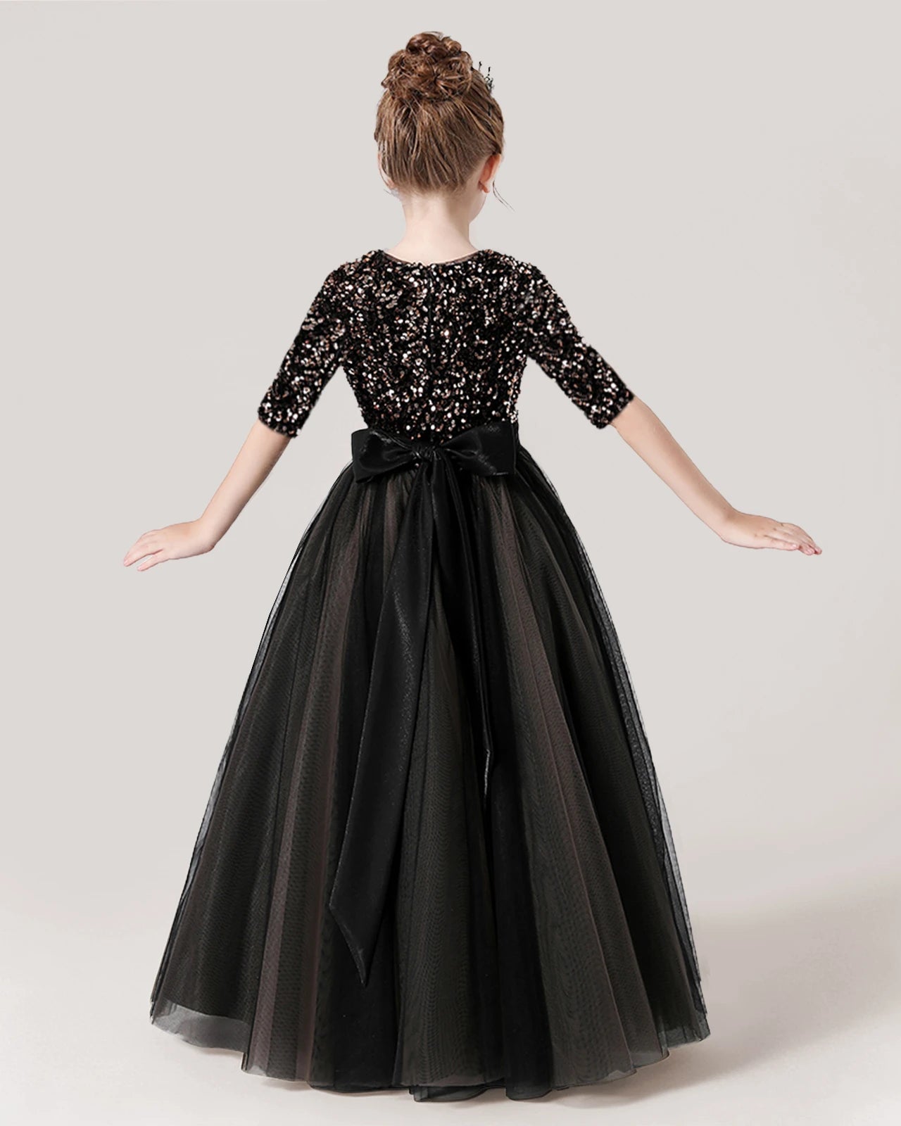 Black Back Sequin Mid Sleeve Flower Girl Dress