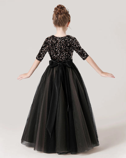 Black Back Sequin Mid Sleeve Flower Girl Dress