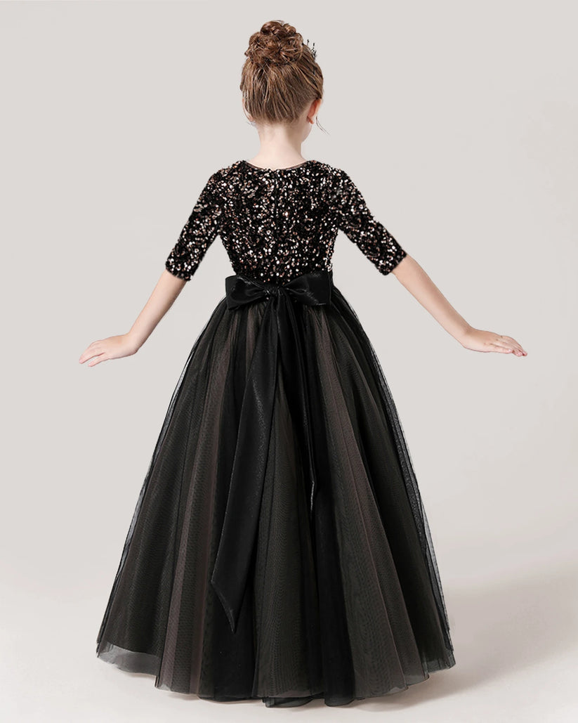 Black Tulle A-line Flower Girl Dress Back View