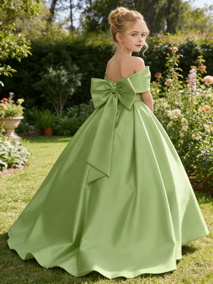 Dideyttawl Satin Flower Girl Dress A Line Off Shoulder Formal Ball Gown Bow Back
