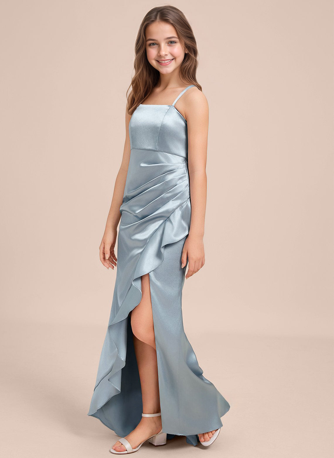dideyttawl Sheath Junior Bridesmaid Dress with Slit Square Neck Ruffles Stretch Satin Flower Girl Dress Sleeveless Formal Special Occasion Dress for Wedding 2521