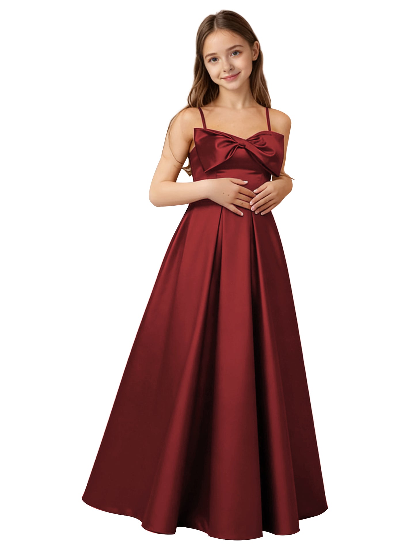 dideyttawl 2026 Girls Satin Prom Ball Gown with Big Bow Maxi Spaghetti Straps Junior Bridesmaid Flower Girl Dress 2548