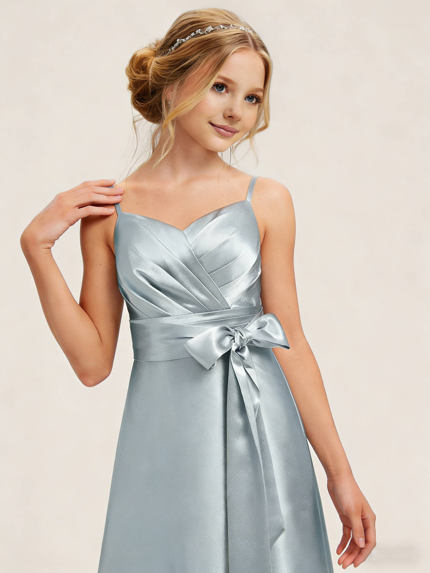 dideyttawl 2026 Girls Pleated Satin Prom Dress Bow Belt Ball Gown Maxi Spaghetti Straps Junior Bridesmaid Dress 2547