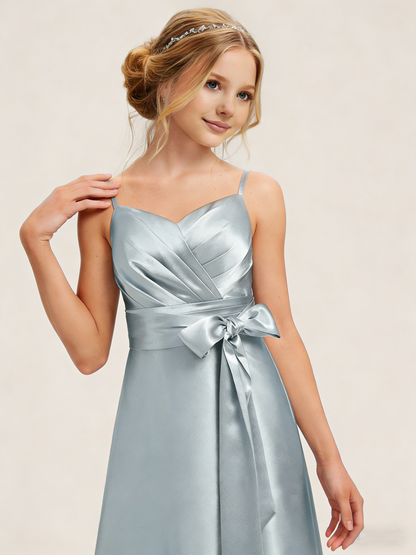 dideyttawl 2026 Girls Pleated Satin Prom Dress Bow Belt Ball Gown Maxi Spaghetti Straps Junior Bridesmaid Dress 2547