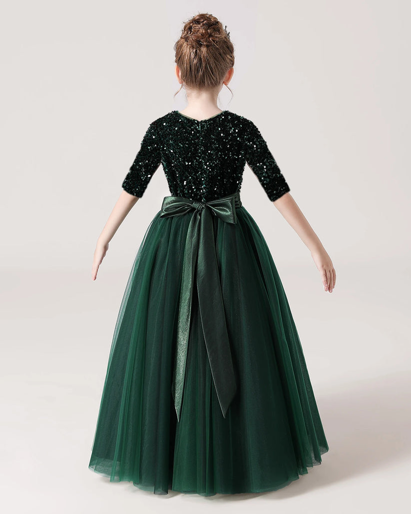 Dark Green Tulle A-line Flower Girl Dress Back View