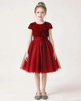 Burgundy Sequin Tulle A-line Girls Formal Dress Front View