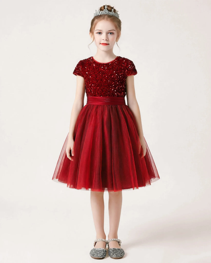 Burgundy Sequin Tulle A-line Girls Formal Dress Front View