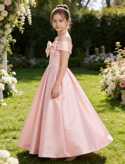 dideyttawl 2026 Off Shoulder Flower Girl Dress Big Bow Junior Bridesmaid Dress A-Line Sleeveless Prom Ball Gown 2790