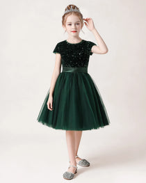 Dark Green Front Short Sequin Flower Girl Dress