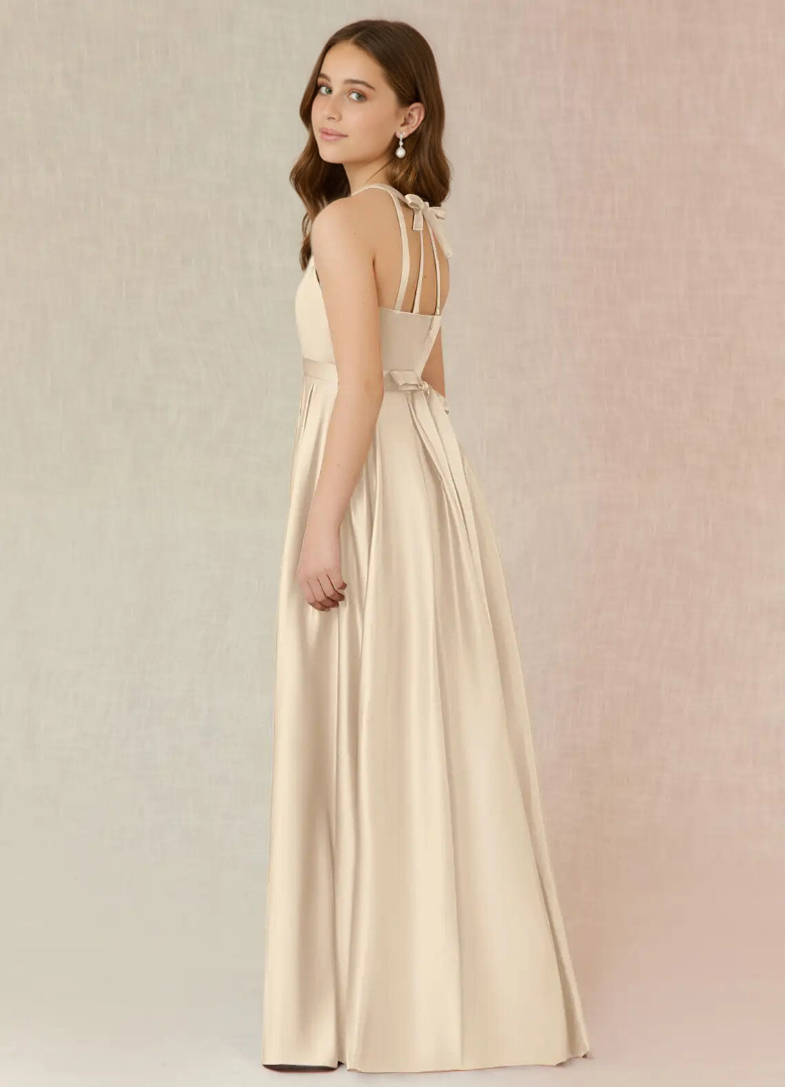 dideyttawl A-Line Junior Bridesmaid Dresses Halter Flower Girls Dress Satin Adjustable Straps Formal Gown 2532