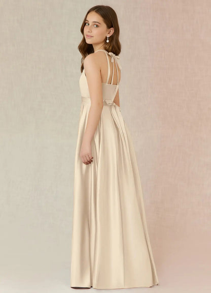 dideyttawl A-Line Junior Bridesmaid Dresses Halter Flower Girls Dress Satin Adjustable Straps Formal Gown 2532