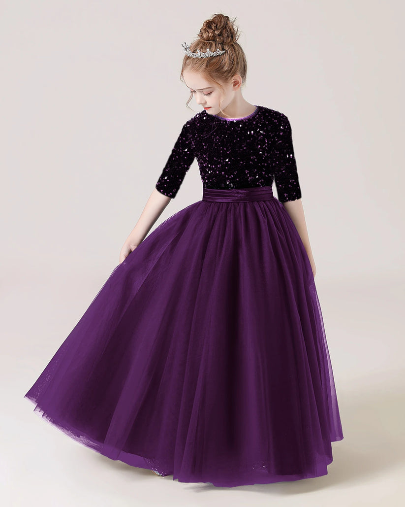 Purple Sequin Tulle A-line Flower Girl Dress Front View