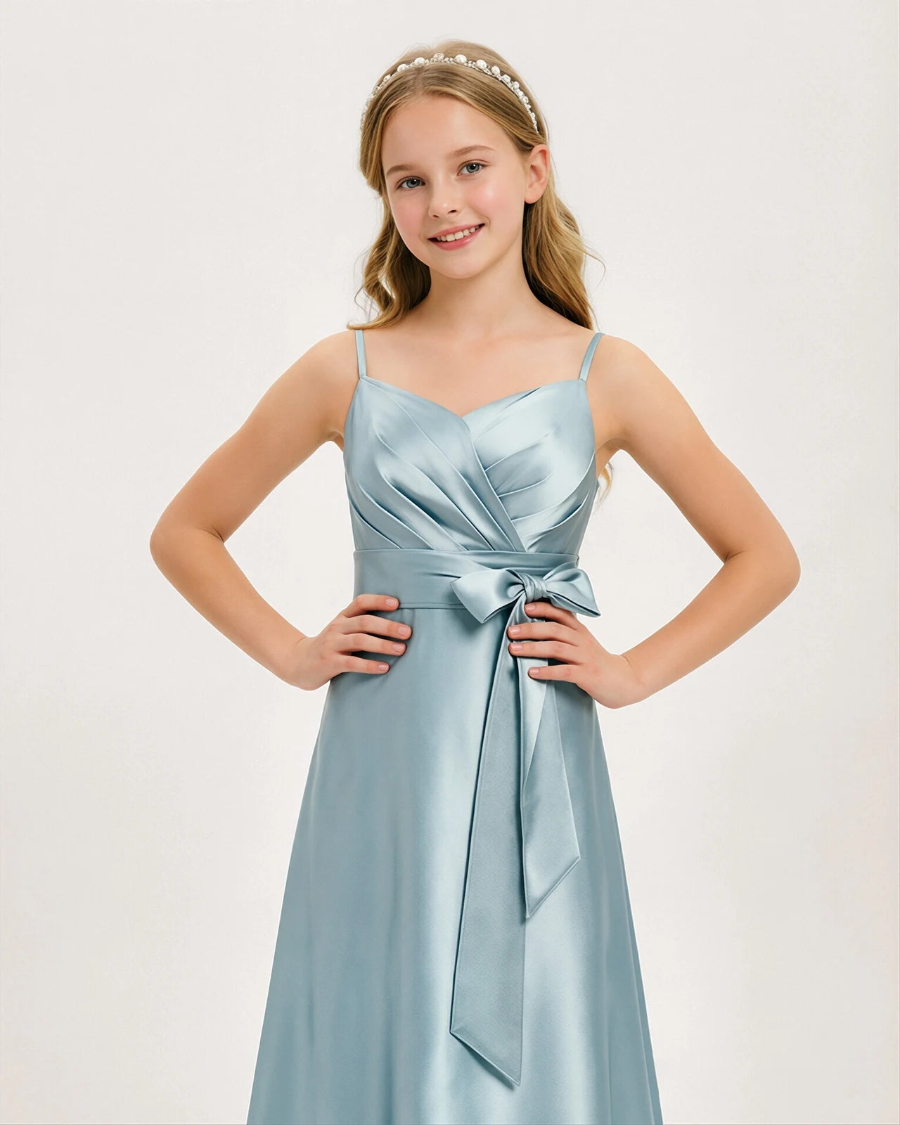 Dideyttawl Junior Bridesmaid Dress with Spaghetti Straps and Ruched Satin Side Bow, Dusty Blue / Customize