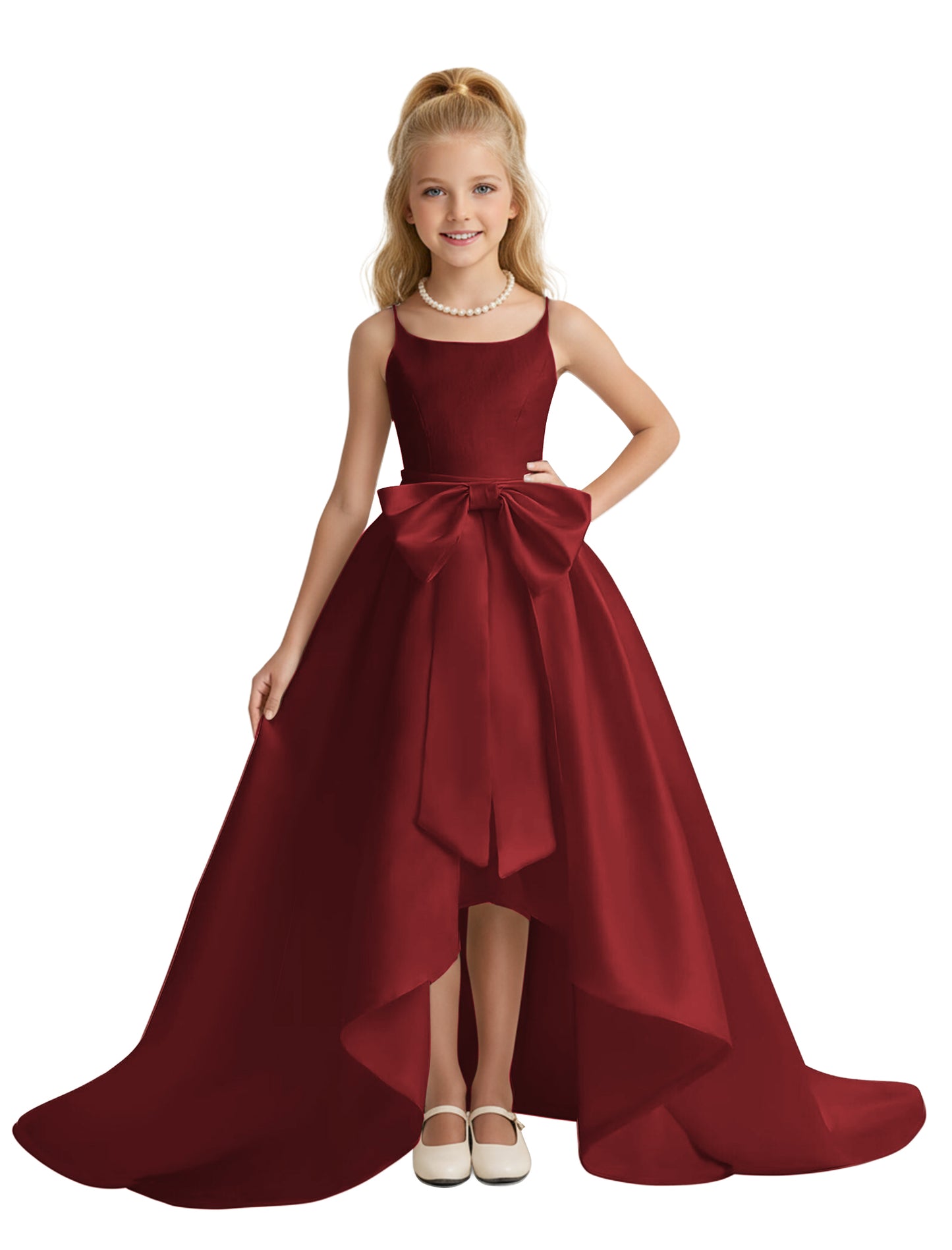 dideyttawl High-Low Big Bow Junior Bridesmaid Dresses for Girls 4-16 Satin A-Line Pageant Formal Party Dress 2535