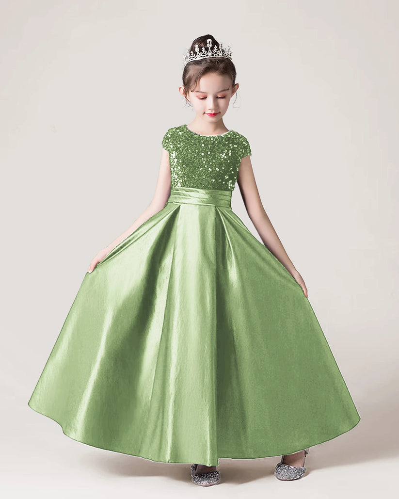Sage Green Sequin A-line Girls Formal Dress Front View