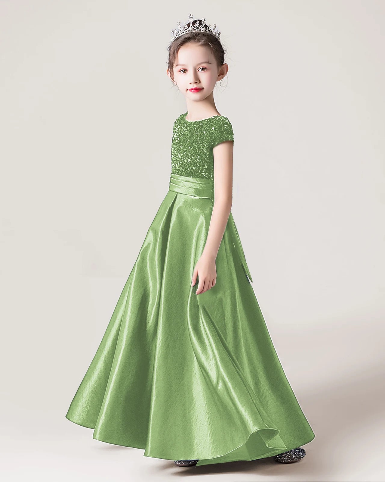 Dideyttawl Sequins Flower Girls Dress Satin Formal Brithday Party Gown
