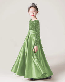 Sage Green Side Sequin Long Sleeve Flower Girls Dress