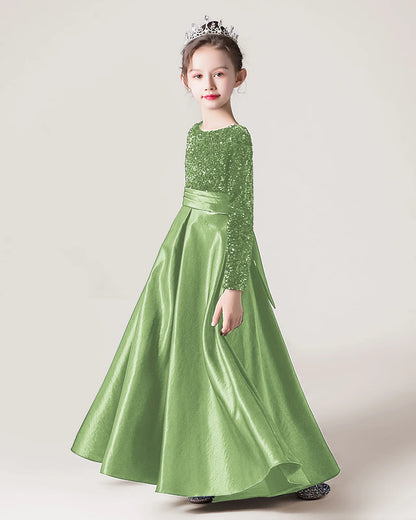Dideyttawl Long Sleeves Sequins Flower Girls Dress Sparkling  Satin Formal Party Gown 503