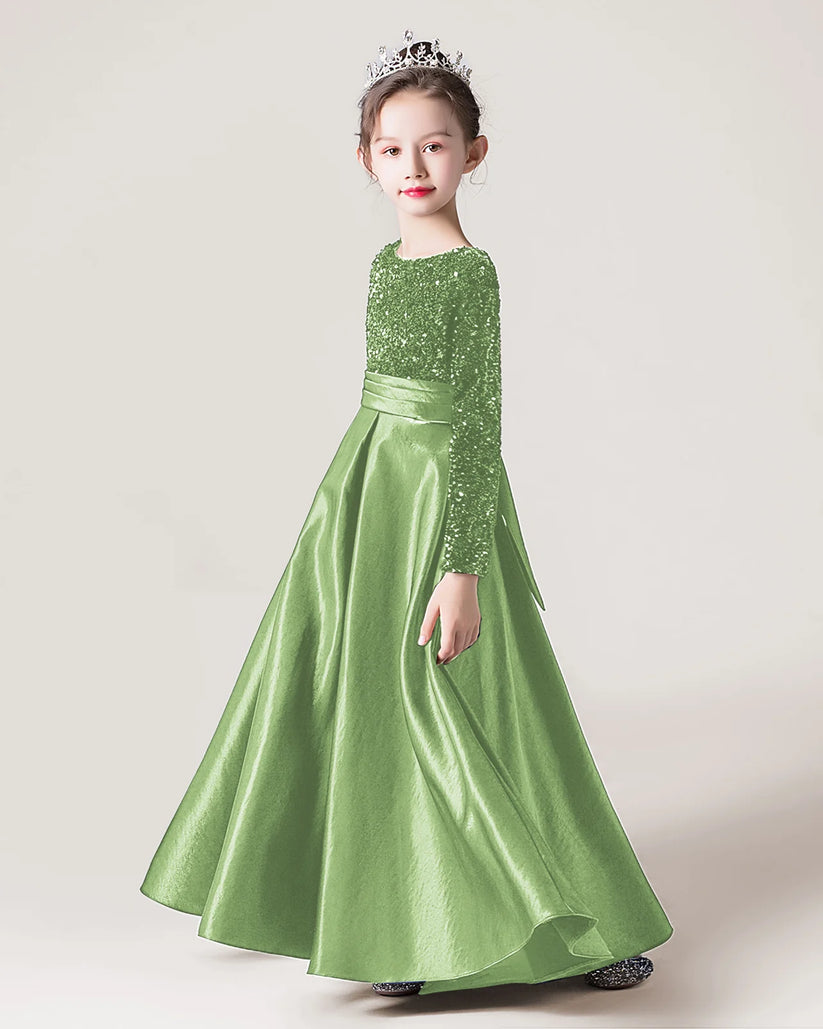 Sage Green Sequin A-line Girls Formal Dress Side View