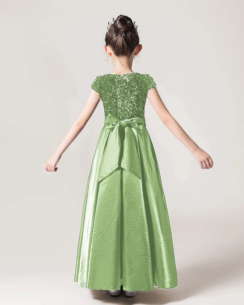 Sage Green Sequin A-line Girls Formal Dress Back View