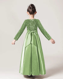 Sage Green Back Sequin Long Sleeve Flower Girls Dress