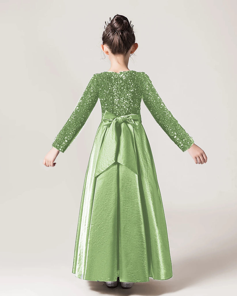 Sage Green Sequin A-line Girls Formal Dress Back View